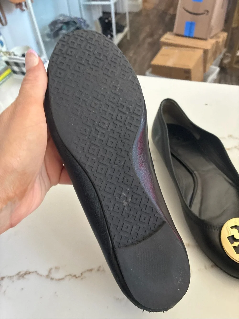 Tory Burch Black Reva Leather Flats with Gold Logo Medallions